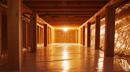 Naklejka premium A clean, well-maintained crawl space featuring a tightly sealed vapor barrier across the floor, sturdy wooden beams above, and fiberglass insulation lining the walls.