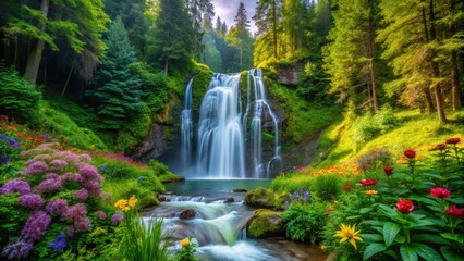 Naklejka premium A serene waterfall cascades through a lush forest surrounded by towering trees with vibrant green foliage and colorful wildflowers blooming in every direction, peaceful , nature