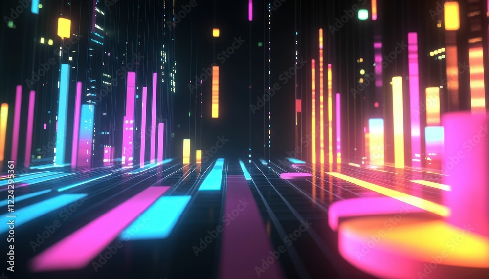 Poster luminous data streams of abstract technology with neon glows and grids