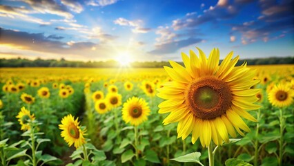Fototapeta premium Vibrant Yellow Sunflower Field with Green Grass, springtime scene