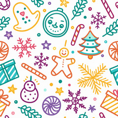 Naklejka premium Colorful Christmas seamless pattern with festive icons.