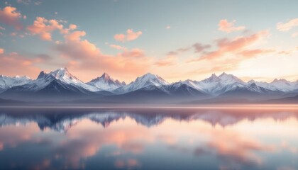 Serene mountain range reflecting in tranquil lake at sunrise