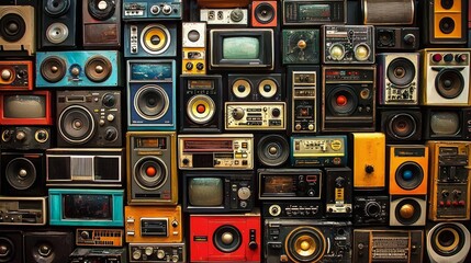 A nostalgic collection of 80s radio boomboxes on a vintage wall.