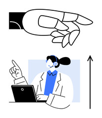 Hand professional with laptop upward arrow indicate teamwork digital communication growth. Ideal for business, technology, innovation, strategy, leadership, progress, connectivity. Line metaphor