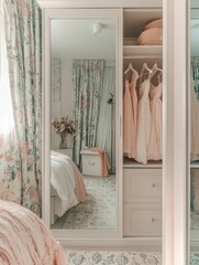 Elegant Wardrobe with Dresses and Mirrored Reflection of a Cozy Bedroom