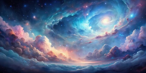 Pastel galaxy nebula with soft blue and pink hues, featuring swirling clouds of gas and dust, set against a dark canvas, evoking a sense of celestial wonder, dreamy landscape, abstract background
