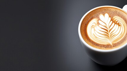Latte art coffee cup on dark background, cafe menu design