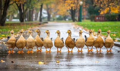 Fototapeta premium Ducks in a row on a rainy park path in autumn