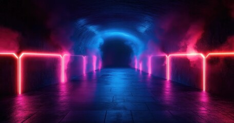 Futuristic Corridor with Glowing Neon Lights and Abstract Design in Cyberpunk Style