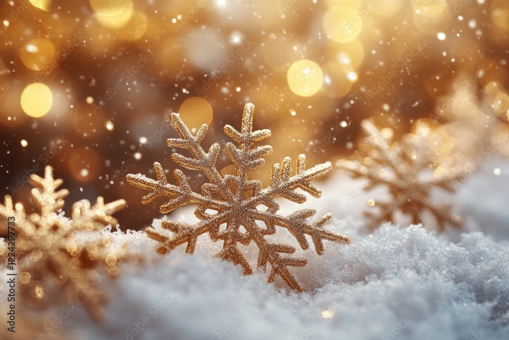 Poster golden winter scene with sparkling snowflakes and festive bokeh background