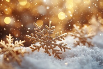 Golden Winter Scene with Sparkling Snowflakes and Festive Bokeh Background