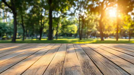 Sunlit Wooden Deck with Green Trees and Soft Sunny Background