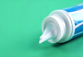 Close-up of a White Glue Bottle with a Blue Label on a Green Background. The Image Shows the Precision Tip of the Bottle and the Texture of the Glue. This Image is Ideal for Projects Related to DIY, C