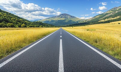 Empty asphalt road through golden fields towards mountains under blue sky