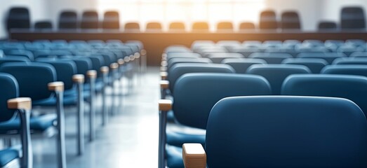 Empty auditorium seating with judges' bench in background, ready for a conference or presentation
