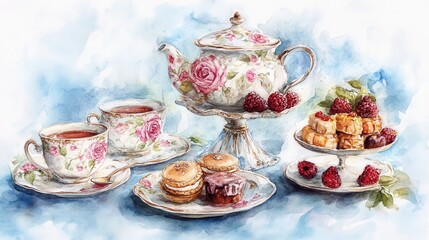 Watercolor illustration of British afternoon tea,tea break in the English style,tea set with Afternoon tea stand with macaroons and scone,cake,cup of tea,Tea time dessert table,vintage style.
