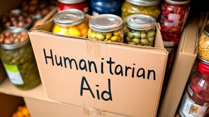 Close up of cardboard box containing humanitarian aid food supplies for donation