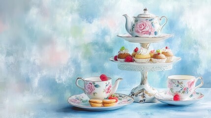 Watercolor illustration of British afternoon tea,tea break in the English style,tea set with Afternoon tea stand with macaroons and scone,cake,cup of tea,Tea time dessert table,vintage style.