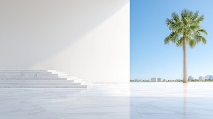 Modern marble staircase leading to palm tree and cityscape.  Website banner