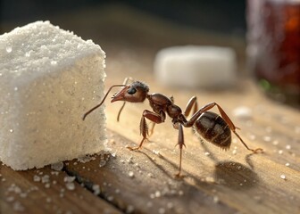 3D Render: Tiny Ant Discovering Sugar Crystal, Close-up Macro Shot