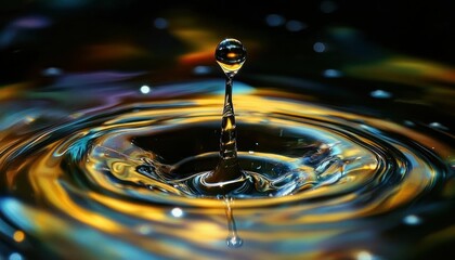 Captivating Water Drop Impact Reflecting a Golden Galaxy in Fluid Motion