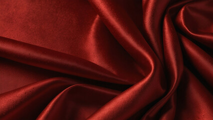 Red silk satin background. Beautiful soft wavy folds on smooth shiny fabric