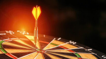 Fototapeta premium A close-up shot of a dartboard with a dart in the bullseye, highlighted by dramatic lighting, symbolizing precision and focus in leisure activities.