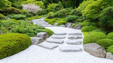 Serene Japanese garden path, white gravel, stone steps, lush greenery, tranquil background; ideal for relaxation and well-being