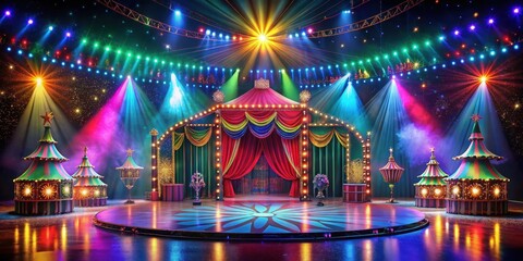 A vibrant and energetic colorful circus stage with festive lights and decorations set against a dark background, festival