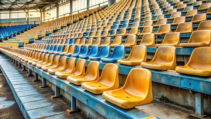 Obraz premium A large section of empty plastic stadium seats lie on the ground with no audience in sight, solitude, emptiness