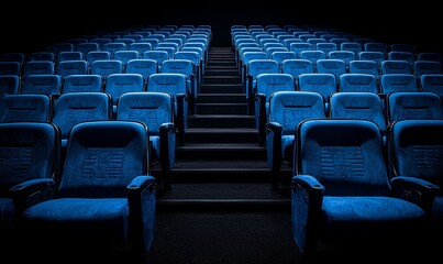 Fototapeta premium Empty blue cinema seats in dark theater, ready for a movie screening