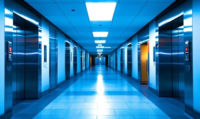 Empty blue hallway with elevators in modern building