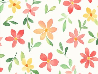 Watercolor floral pattern with red orange and yellow flowers and green leaves on white background