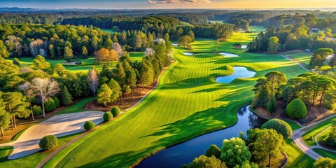 Panoramic aerial view of serene Agusta National Golf Course with lush greenery and winding golf course paths , aerial view, golf course