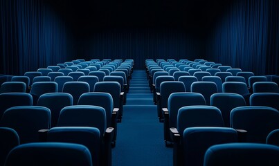 Fototapeta premium Empty cinema auditorium with blue seats and dark curtains, ready for a movie screening