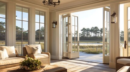 Naklejka premium coastal veranda porch with stylish furnishings and decor, featuring French doors that open to a vibrant beach scene