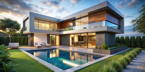 Fototapeta premium Modern Luxury Home with Private Pool and Garden, custom built, luxury home