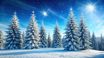 Obraz premium Serene snow-covered fir trees stand tall against a clear blue sky with gentle snowflakes falling softly on the ground, frosty scenery, frosty morning