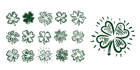 Saint Patricks Day, Green Clover set on white,  hand drawn illustrations.	
