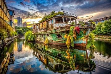 Obraz premium Abandoned Brunch Yacht: Urban Exploration Photography - Sunken Luxury