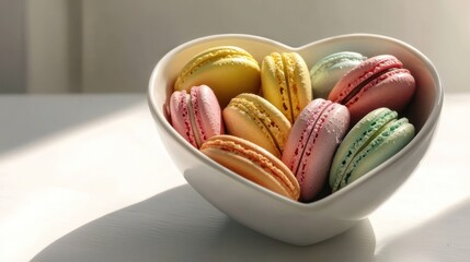 A heart-shaped bowl of vibrant macarons in a variety of pastel colors, set against a minimalist background