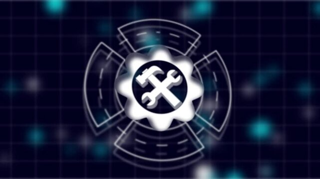 Animated gear icon with crossed wrenches on dark blue background