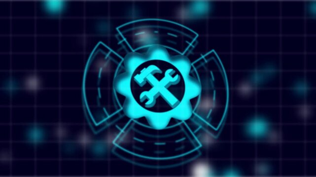 Glowing blue gear icon with crossed wrenches on dark background