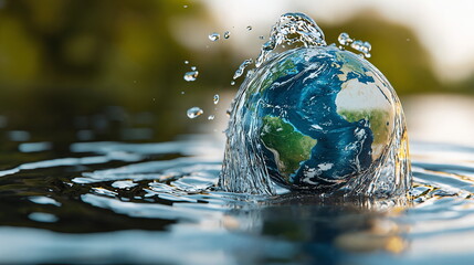 Water splashing around a small globe representing Earth, floating on a reflective surface, surrounded by blurred greenery in the background, symbolizing nature and environment.