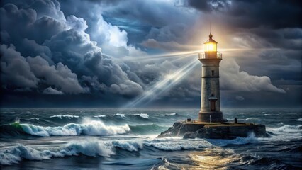Against the dark backdrop of a stormy night, the lighthouse shines like a beacon, its light cutting through the clouds and illuminating the turbulent sea below , maritime safety, stormy night
