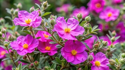 Obraz premium Aromatic grey-leaved cistus shrub with vibrant pink flowers and soft, fuzzy foliage in a garden setting , grey-leaved cistus, Mediterranean plants
