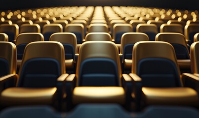 Fototapeta premium Empty gold and black cinema or theater seats rows, spotlight, dark background