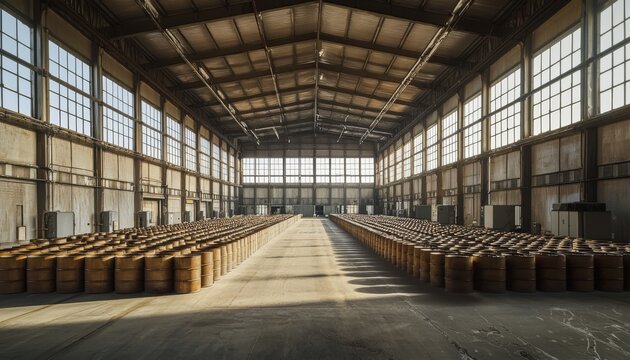 well-organized industrial warehouse featuring a variety of oil drums, with safety signage visible and a sense of order in the storage area