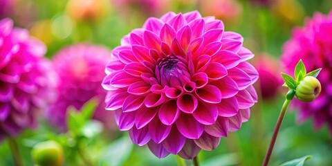 Fototapeta premium Close-up of vibrant hot pink dahlia flower in a garden, garden flower, plant, garden flower, plant