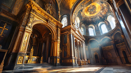 Fototapeta premium Opulent Baroque Church Interior with Lavish Decoration and Bright Sunlight : Generative AI
